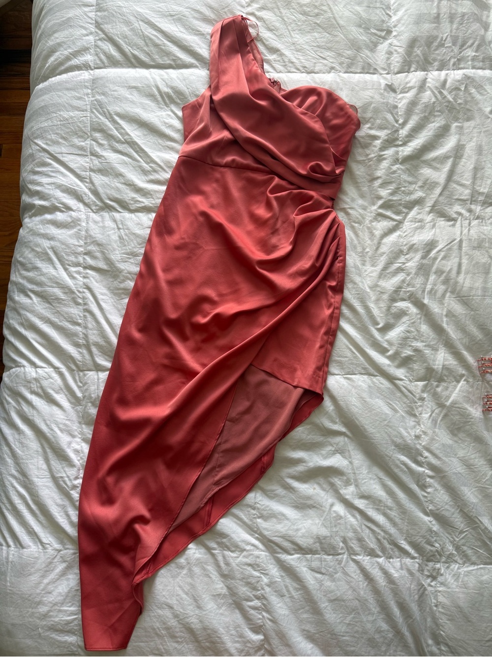 fab'rik One-Shoulder Coral-Red Satin Asymmetric Dress